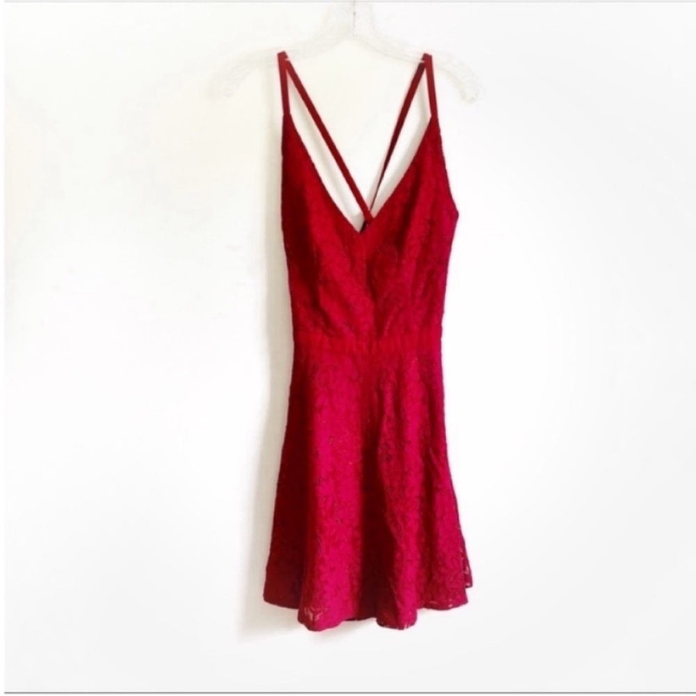 Lulu's Twirling Around skater dress wine red lace floral mini high neck - Picture 2 of 10